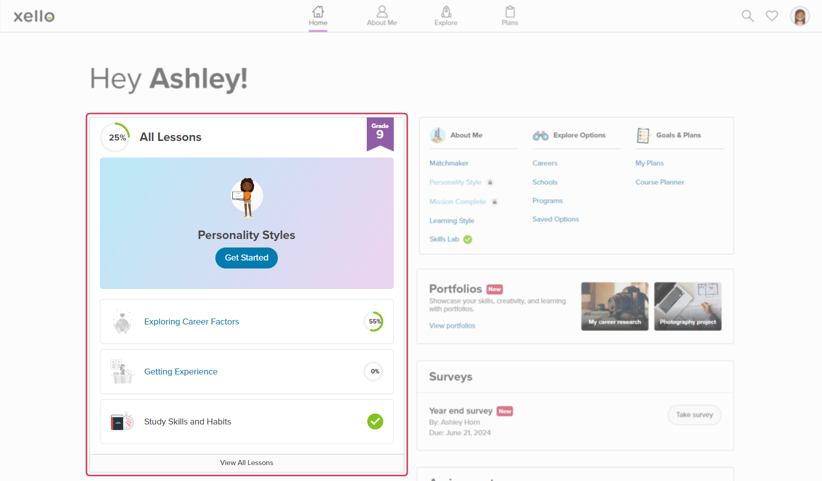 Student dashboard, cursor hovering over View All Lessons